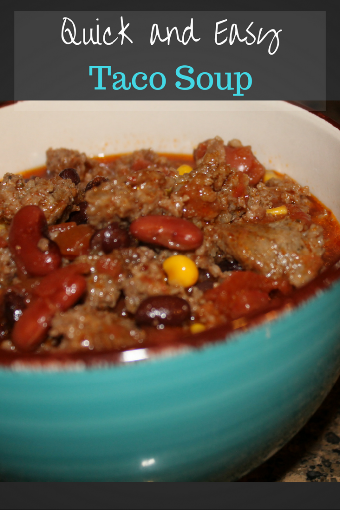 Quick and Easy Taco Soup in a bowl with text overlay.