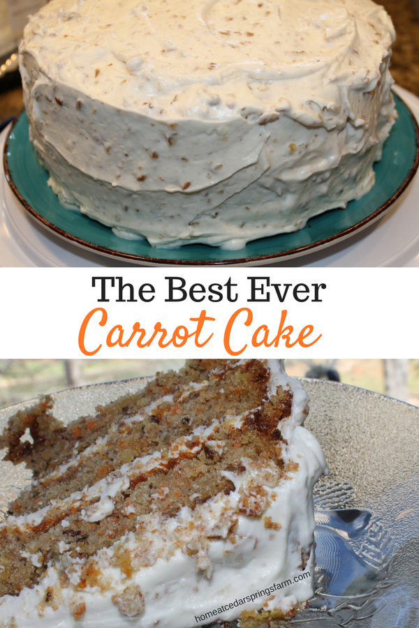 Carrot cake whole and sliced with text overlay.