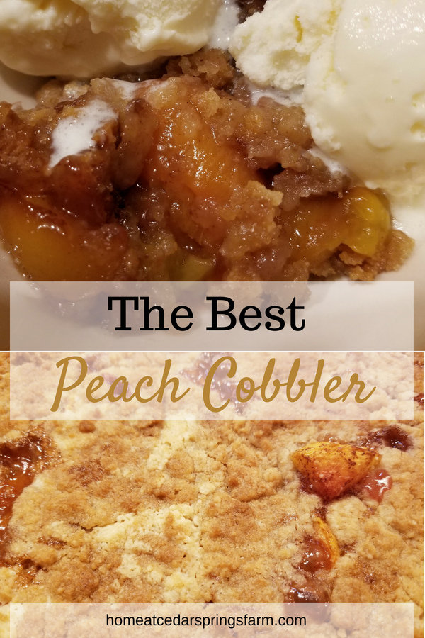 The Best Southern Peach Cobbler shown in a bowl with vanilla ice cream and a picture of the crust. Text overlay.