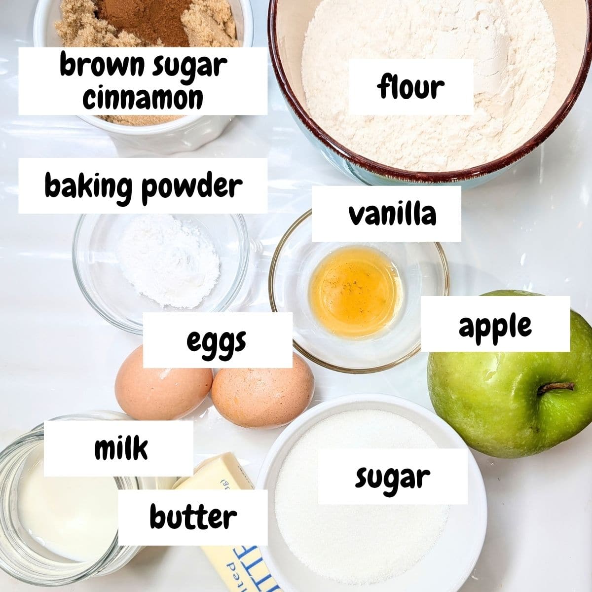 Ingredients needed for making Apple Cinnamon Bread Recipe with text overlay.