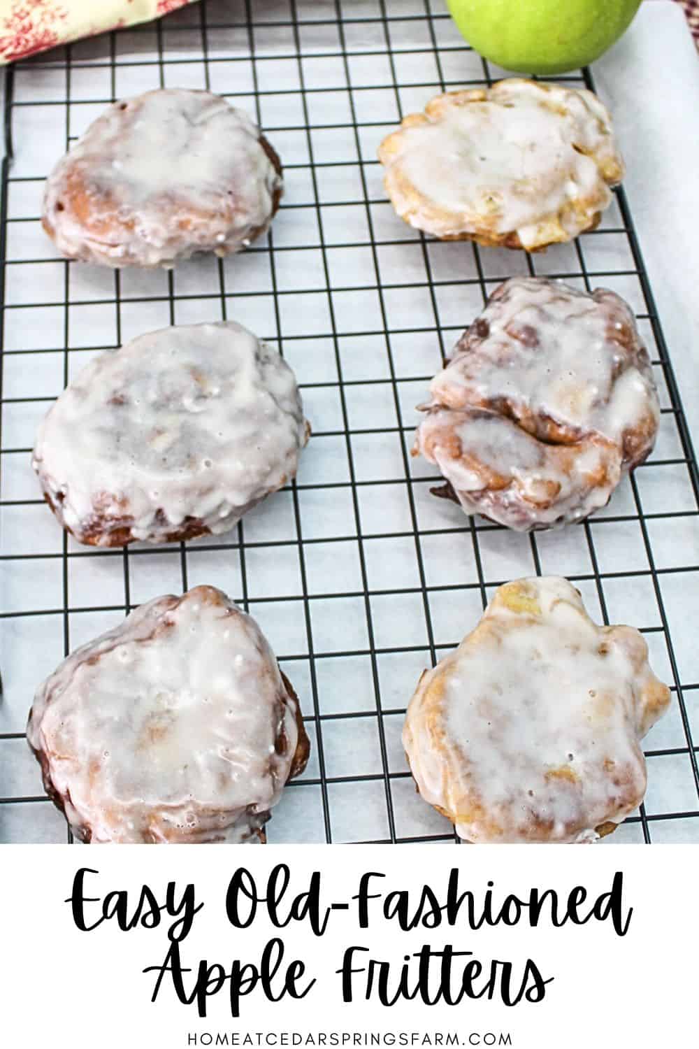 Easy Old Fashioned Apple Fritters on a wire rack with text overlay.