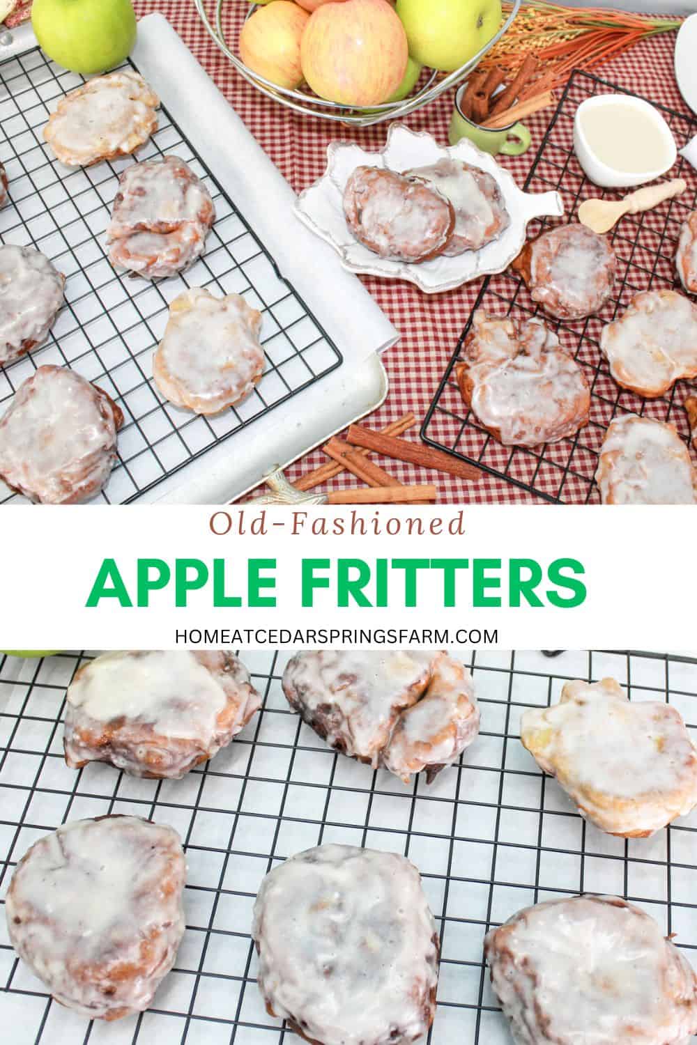 Old Fashioned Apple Fritters on a wire rack with apples and cinnamon sticks in the background with text overlay.