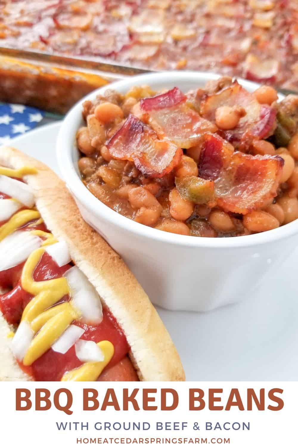 Southern BBQ Baked Beans on a plate with a hot dog and casserole of baked beans.