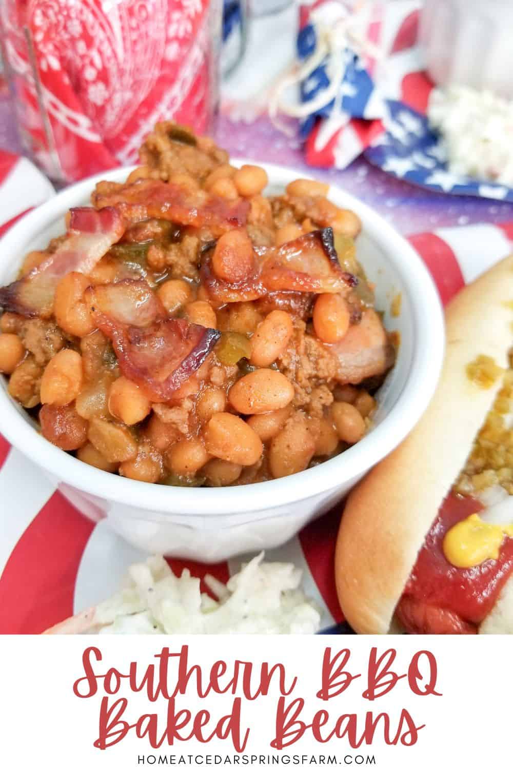 Southern BBQ Baked Beans in a bowl with red, white, and blue decoration.