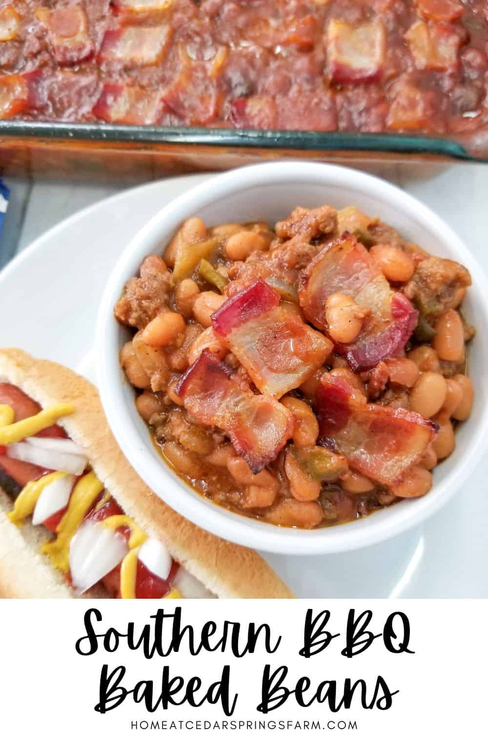 Baked Beans with Bacon in a bowl with a hot dog on the side and a casserole dish in the background.