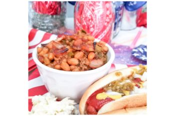 Southern BBQ Baked Beans with Bacon in a bowl with a hot dog on the side.