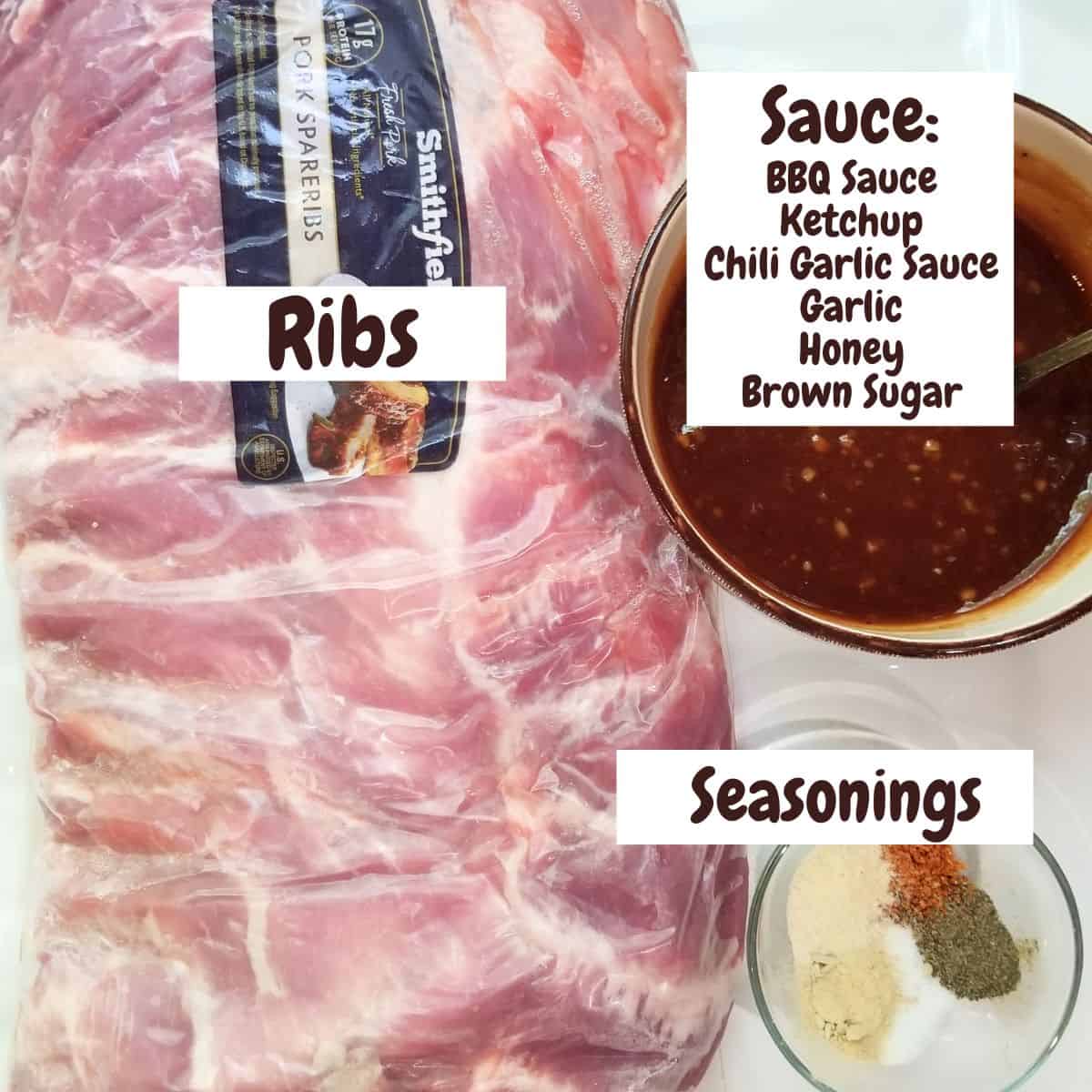 Ingredients needed for making pork spare ribs with text overlay.