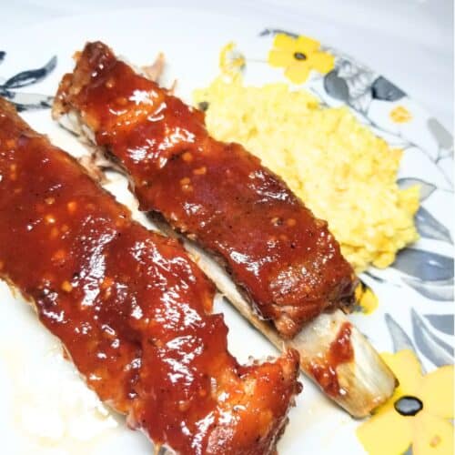 BBQ ribs on a serving plate with rice.