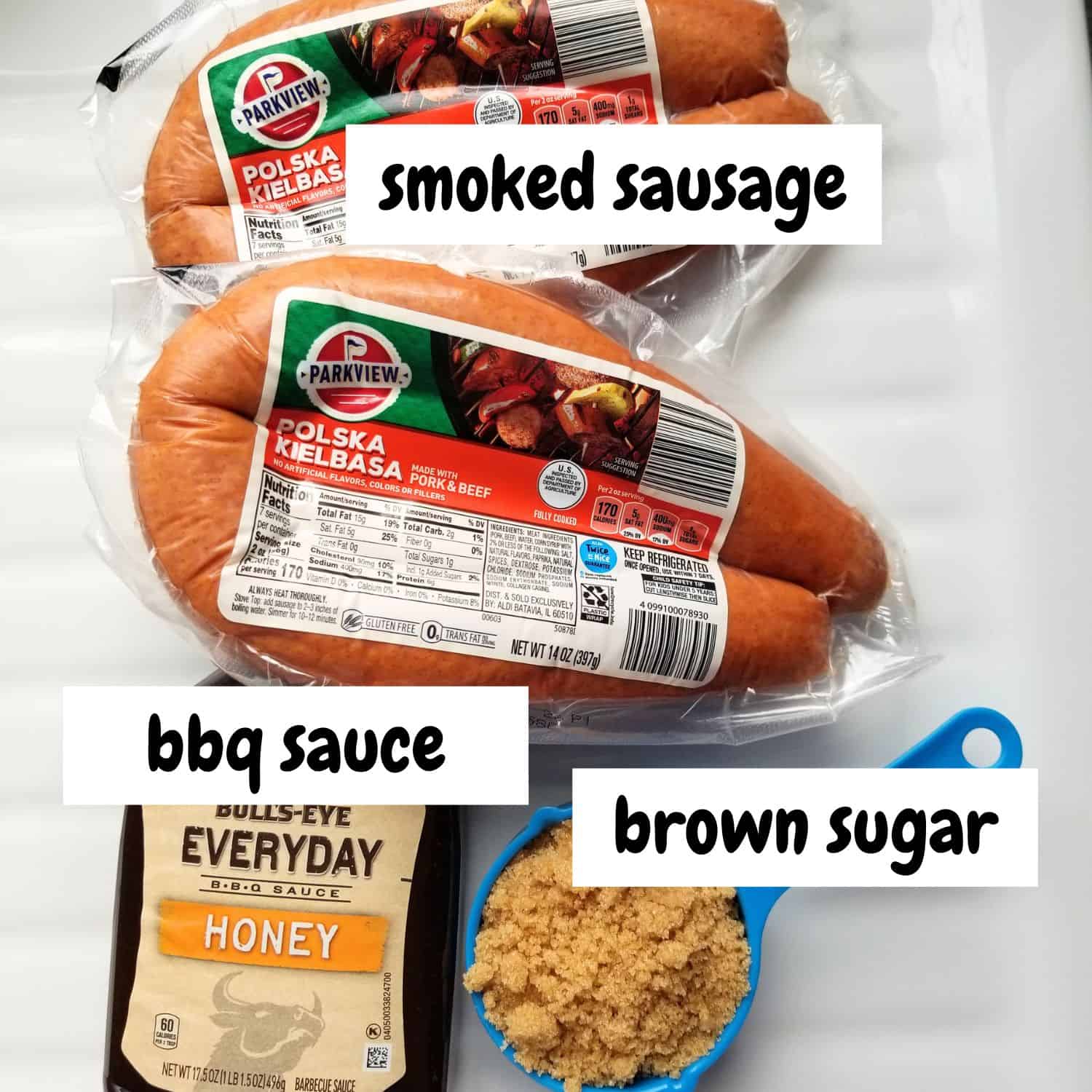 Ingredients needed for BBQ Sausage Bites with text overlay.