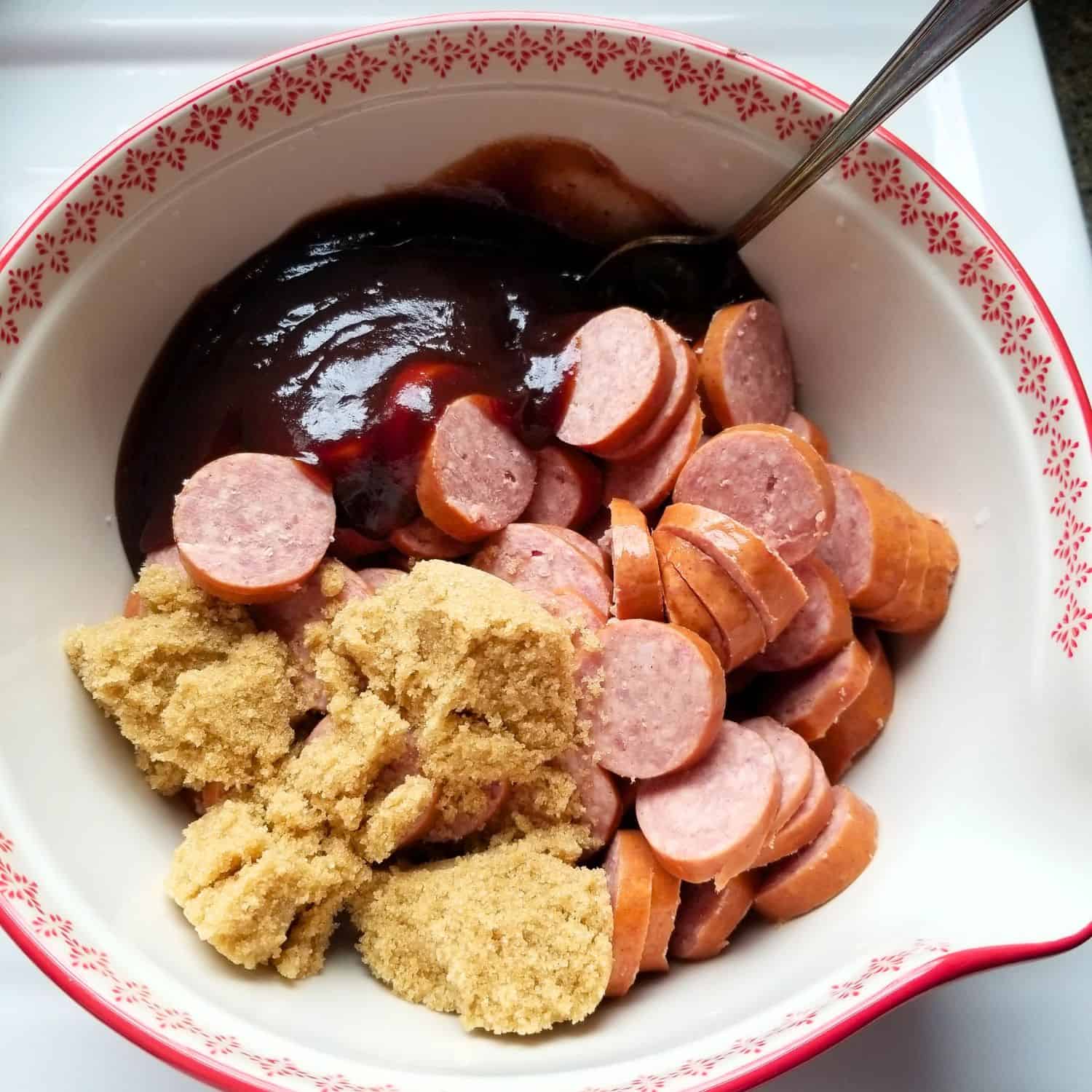 Adding all ingredients to a mixing bowl.