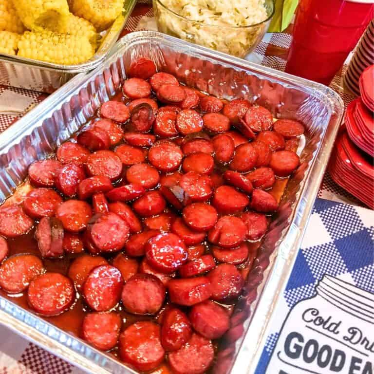 BBQ Sausage Bites in a pan cooked and ready to serve.