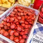 BBQ Sausage Bites in a pan cooked and ready to serve.