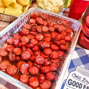 BBQ Sausage Bites in a pan cooked and ready to serve.