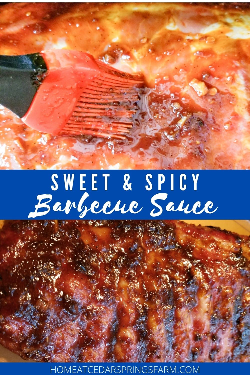 Sweet and Spicy BBQ Sauce shown on ribs with text overlay.