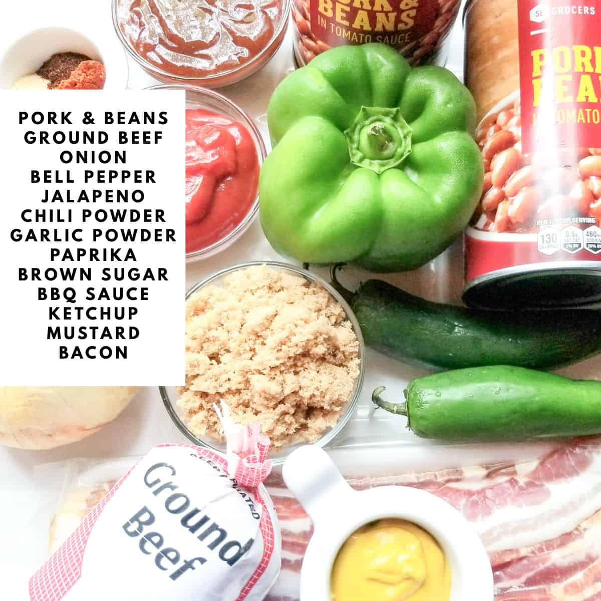 Simple pantry ingredients for homemade baked beans with bacon with text overlay.