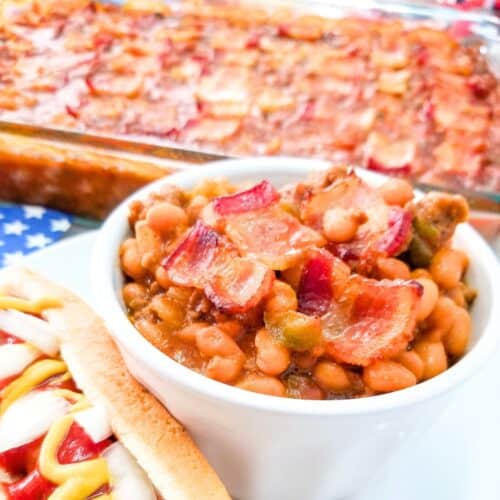 BBQ Baked Beans with Bacon in a serving bowl and serving dish.
