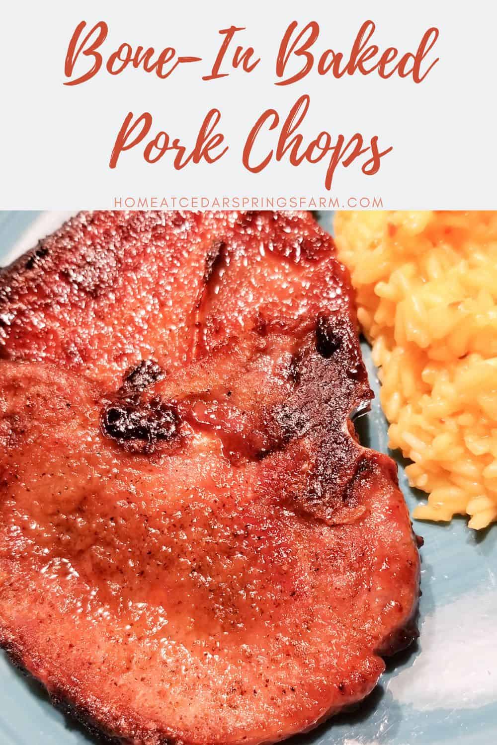 Baked Bone-In Pork Chops on a blue plate with yellow rice and text overlay.