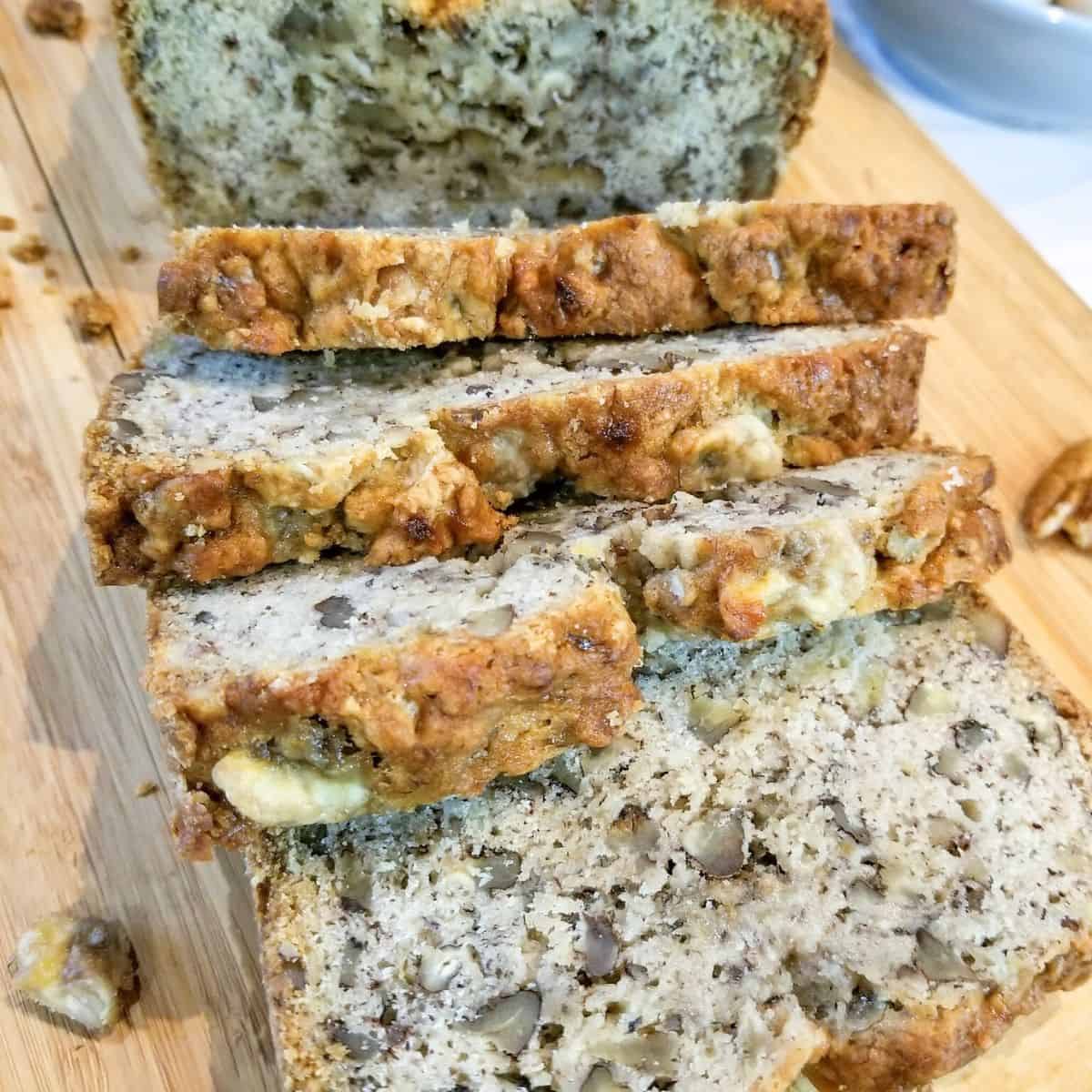 Warm banana nut bread with pecans ready to serve.