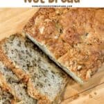 Warm banana nut bread with pecans ready to serve. Text overlay.