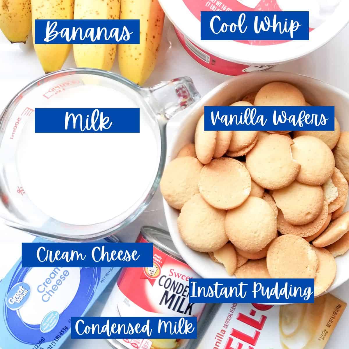 Ingredients needed for making banana pudding with text overlay.
