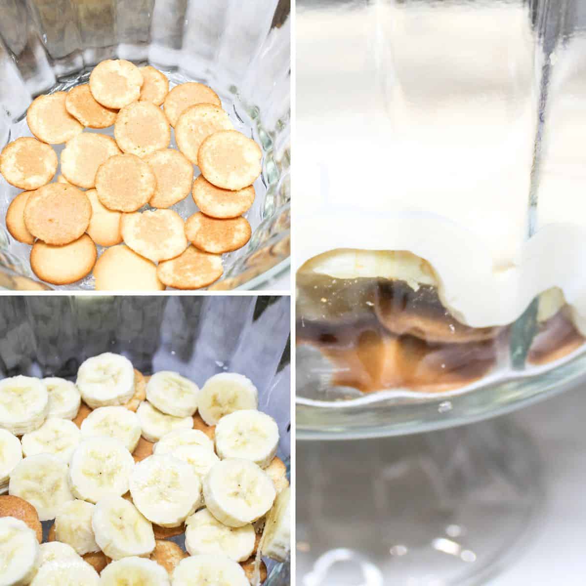 Shows how to layer the banana pudding in a dish.