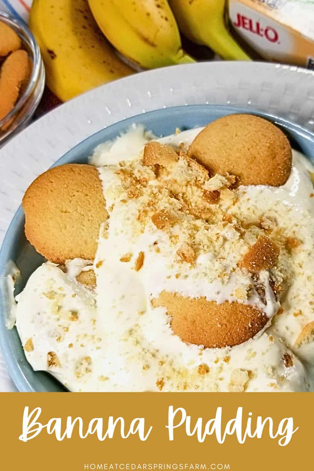 Banana pudding in a bowl with text overlay.