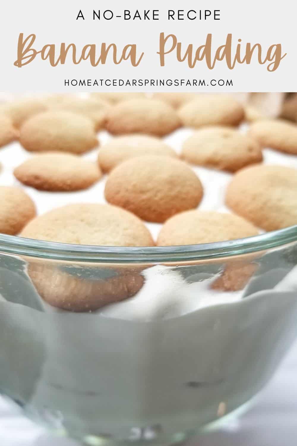 A No-Bake Banana Pudding in a glass bowl with vanilla wafers on top with text overlay. 