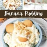 Vanilla wafers and bananas in a bowl, layered pudding in a trifle bowl, and the finished recipe in a blue bowl.