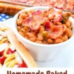 Baked beans with bacon in a serving bowl and baking dish.