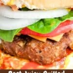 Grilled hamburger with toppings on a bun with text overlay.