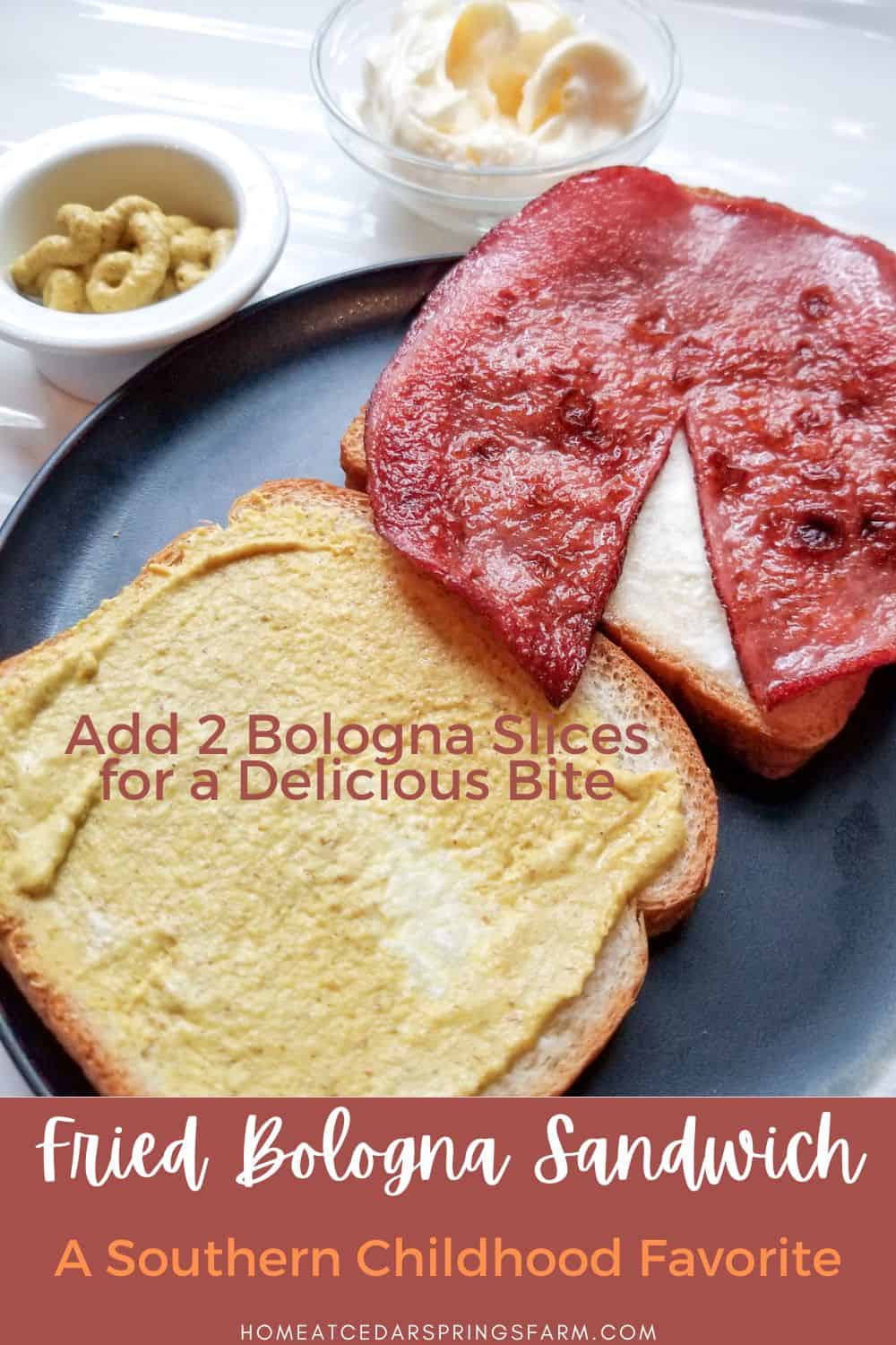 Classic fried bologna sandwich on white bread with mustard and mayonnaise. Text overlay.