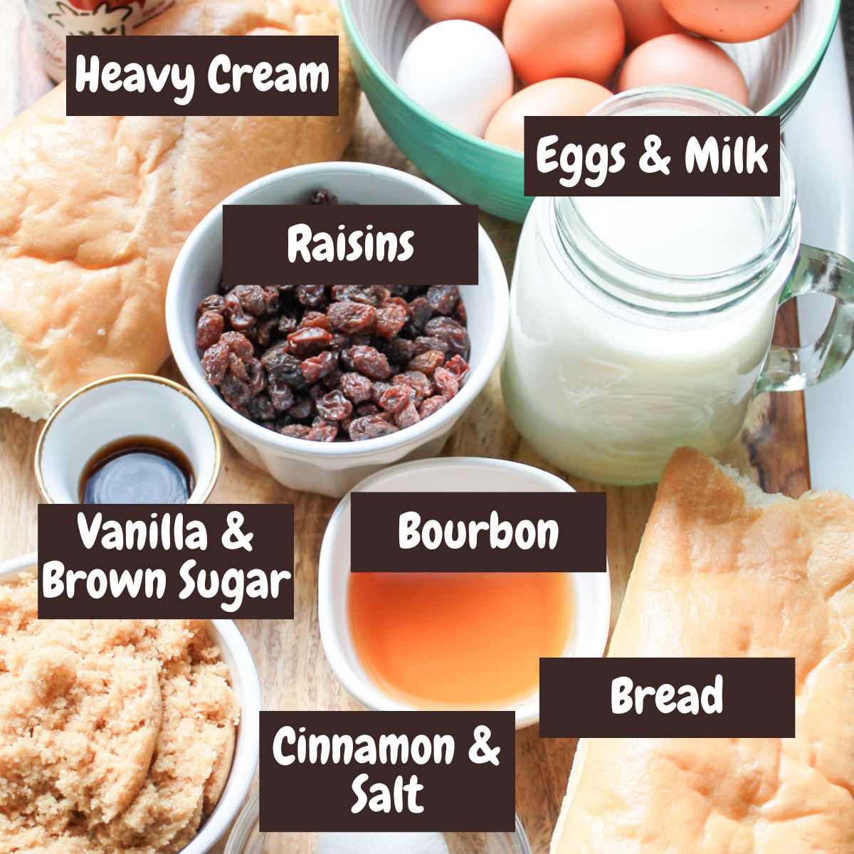 Ingredients needed for making bread pudding with text overlay.