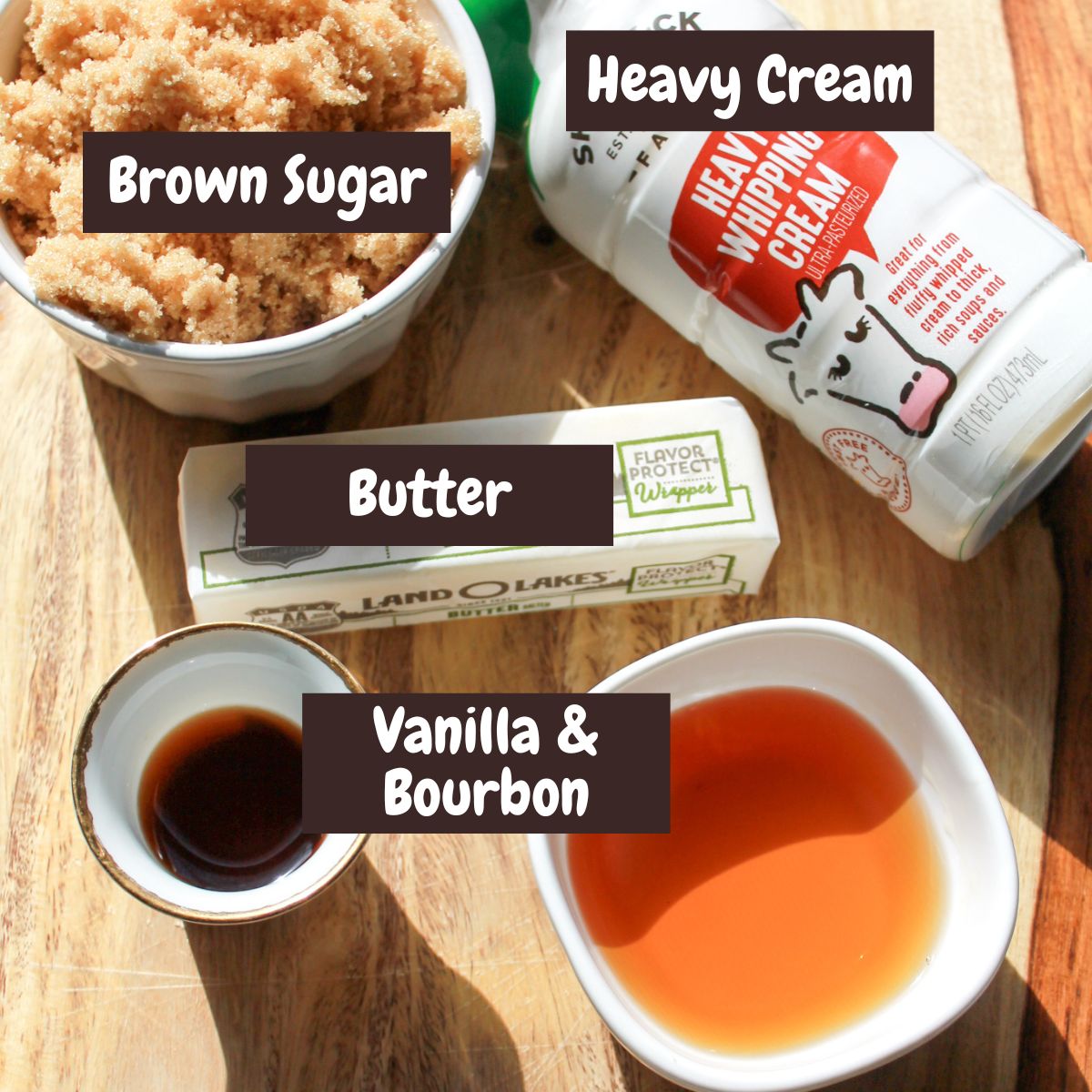 Ingredients needed for making the bourbon sauce with text overlay.