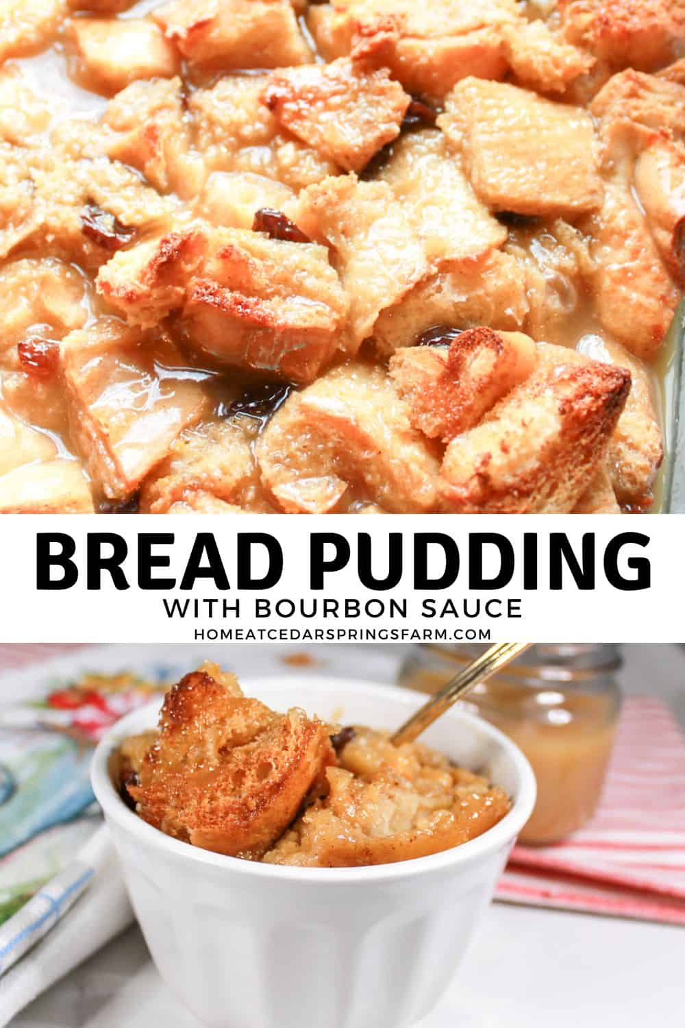 Bread pudding shown in two different dishes with text overlay.