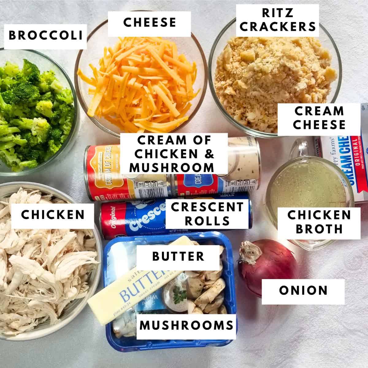 Ingredients needed for broccoli chicken casserole with text overlay.