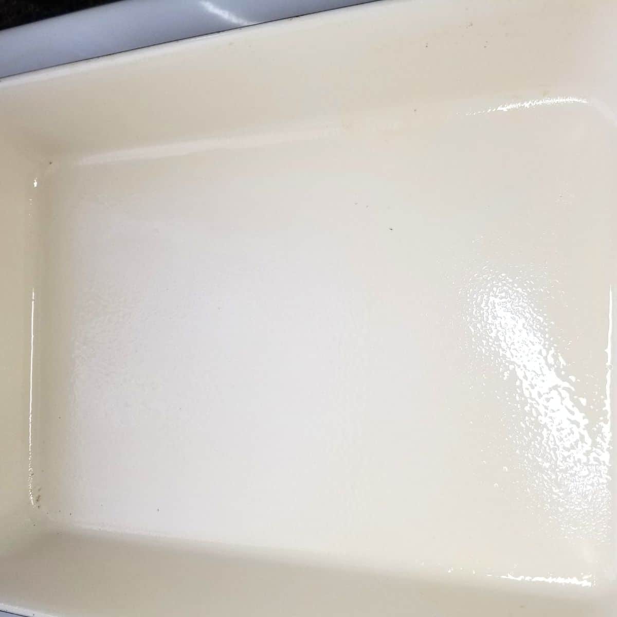 A baking dish sprayed with nonstick spray.