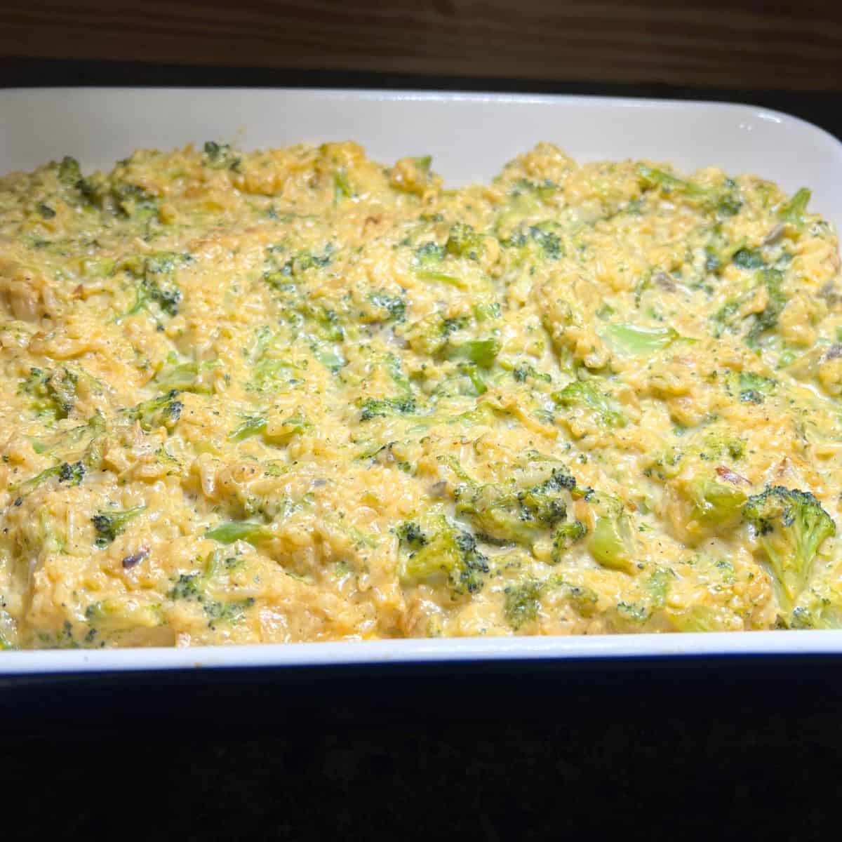 Broccoli Rice Casserole in a baking dish.