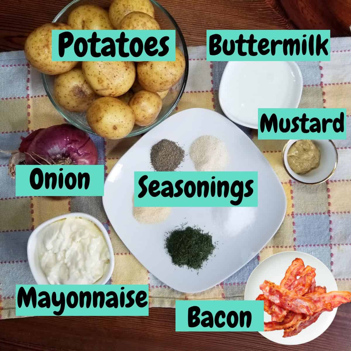 Ingredients needed for making simple potato salad with text overlay.