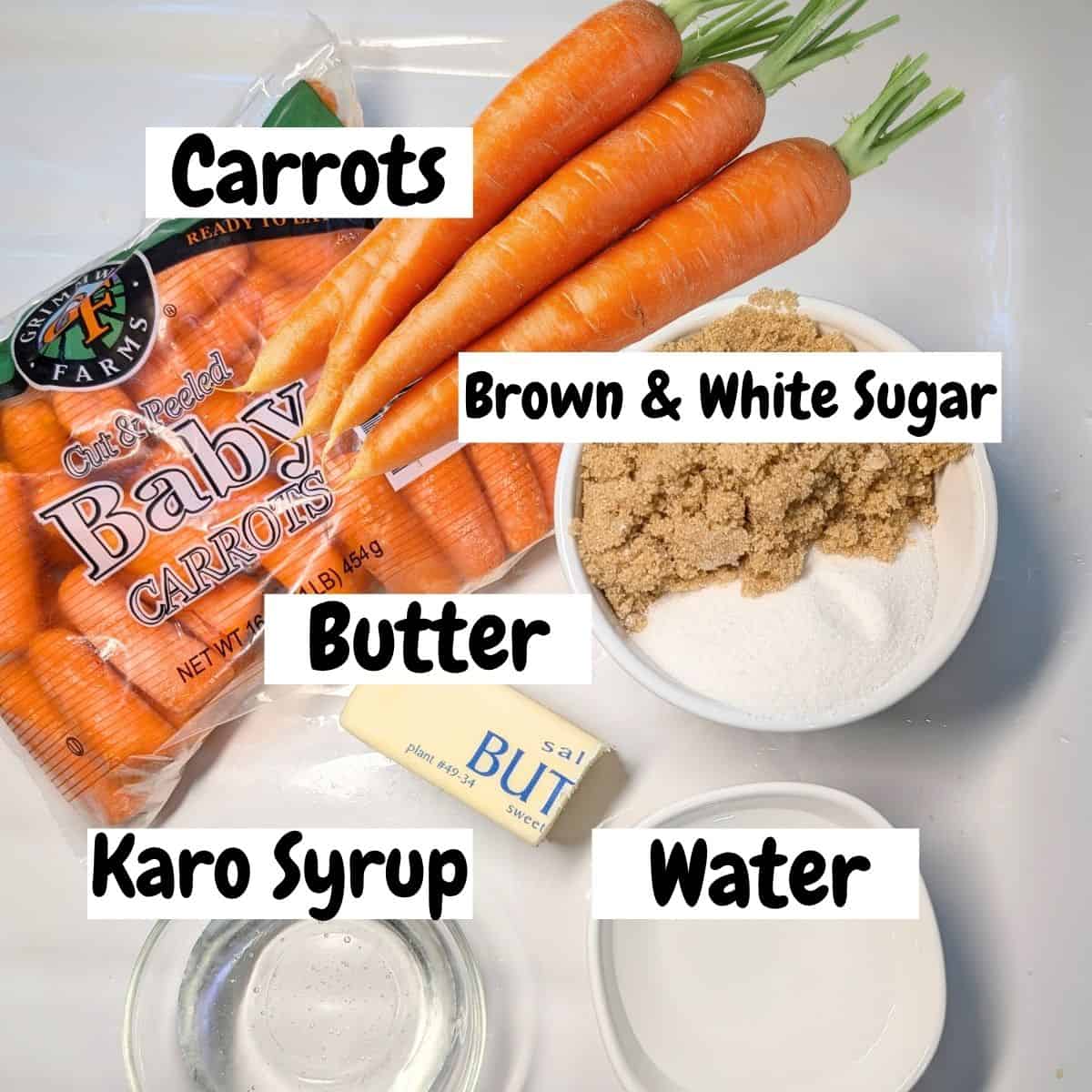 Ingredients needed for making candied carrots recipe with text overlay.