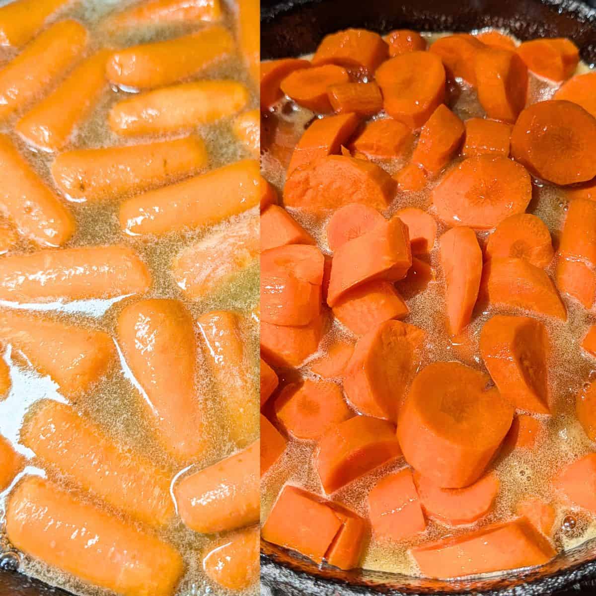Carrots cooking in a cast iron skillet.
