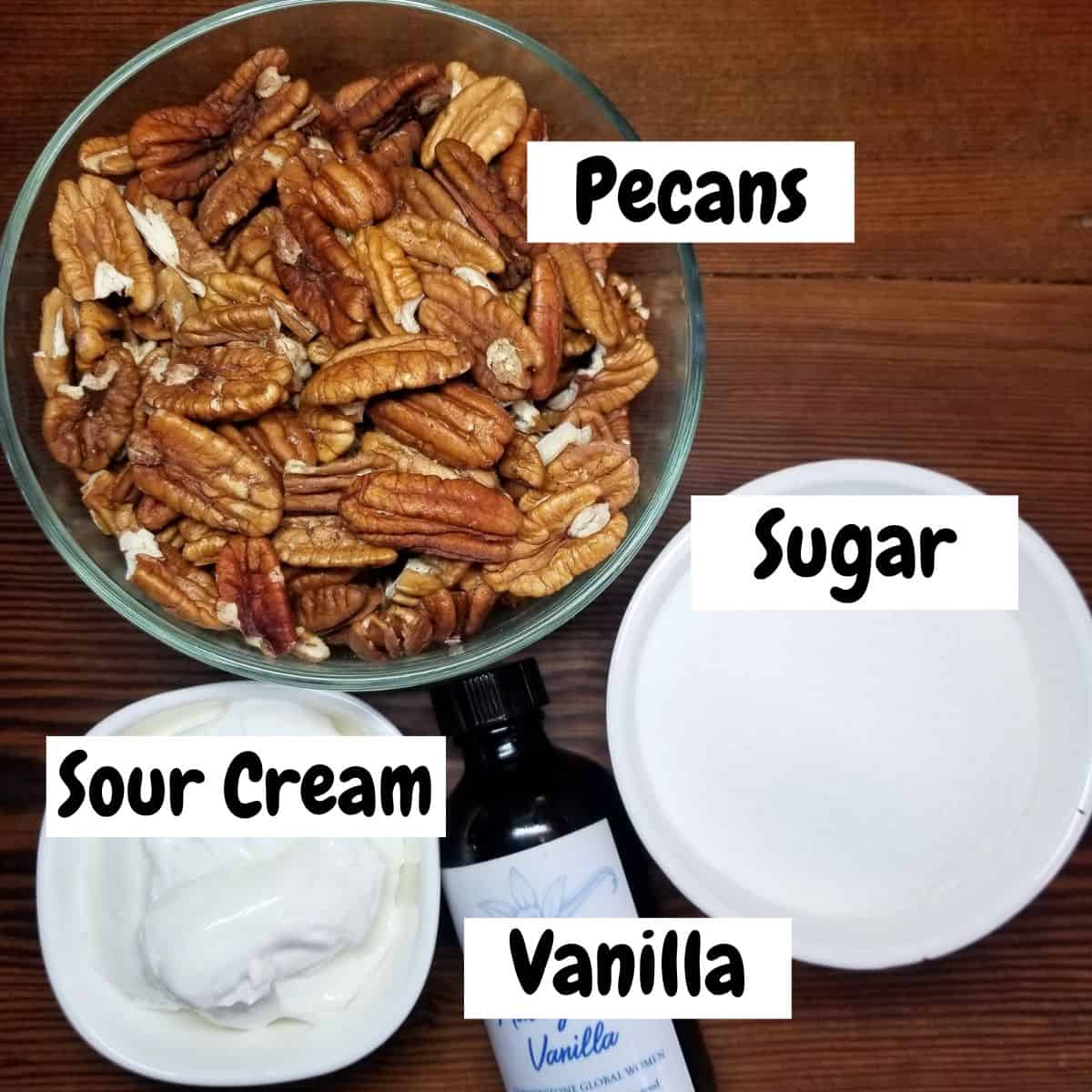 Ingredients needed for making candied pecans with text overlay.