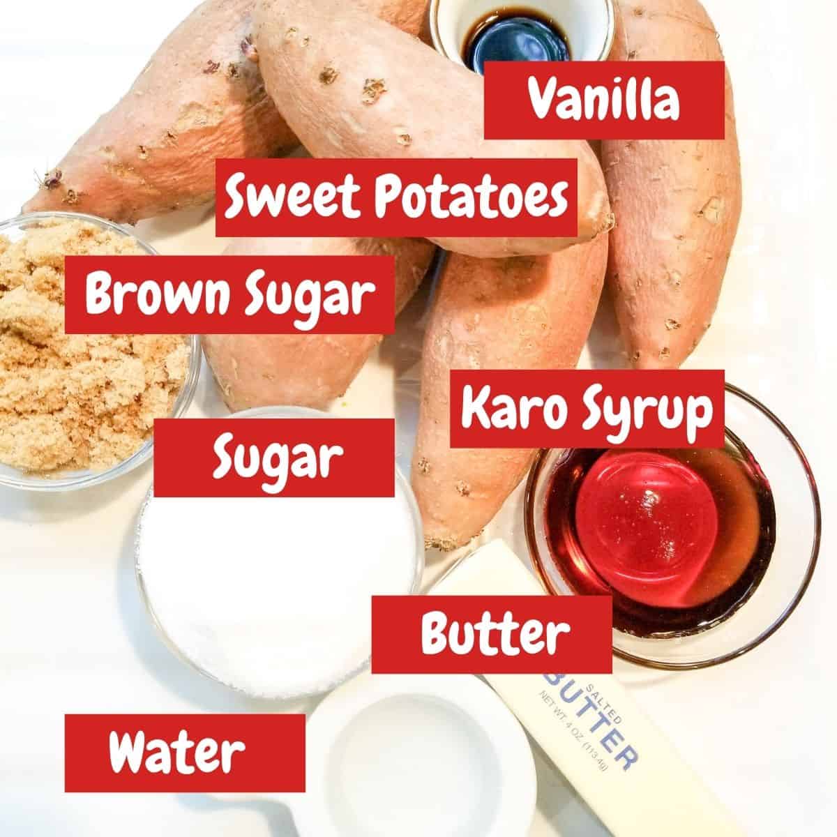Ingredients needed for baking candied sweet potatoes with text overlay.