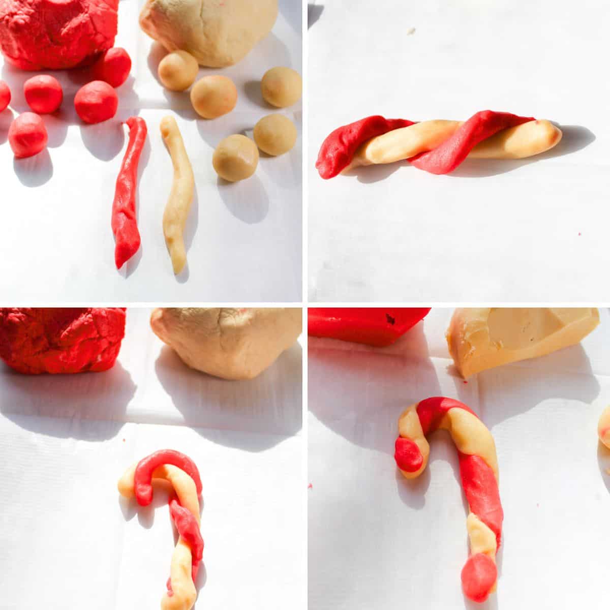 Steps for twisting the candy cane cookies for baking,