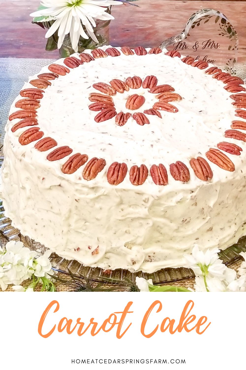 Carrot Cake on a plate with text overlay.