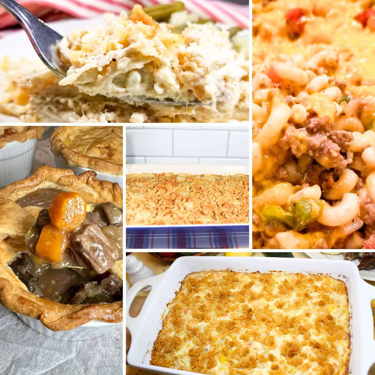 Multiple pictures of ready to eat family dinner casseroles.