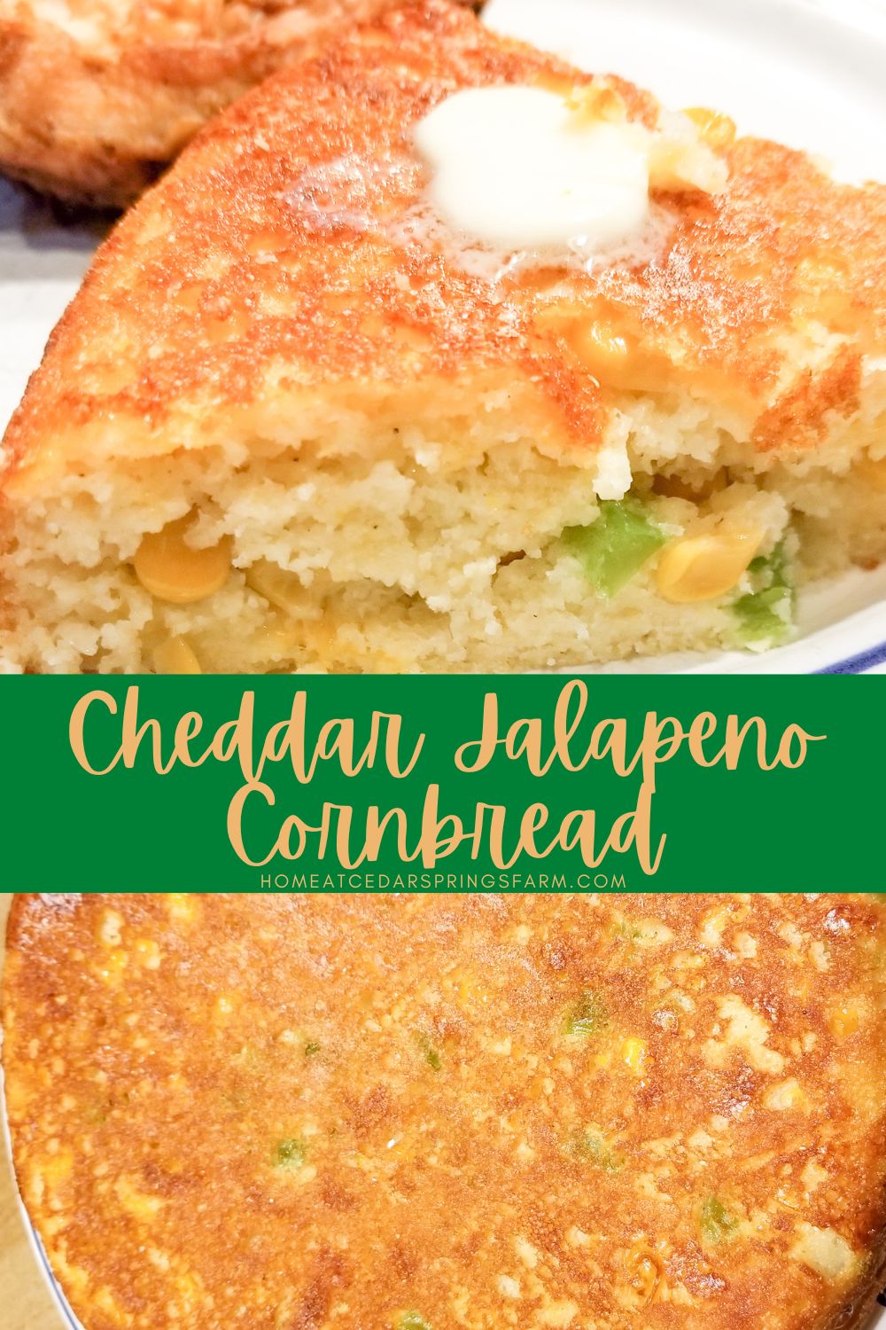 cheddar jalapeno cornbread on a plate with text overlay.