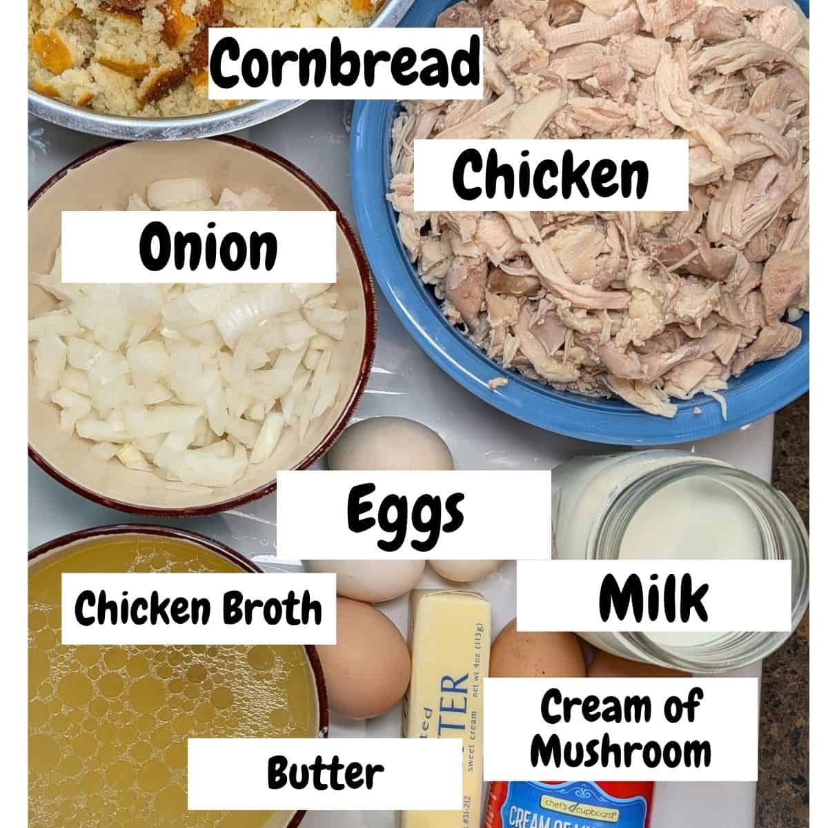 Ingredients needed for chicken dressing with text overlay.