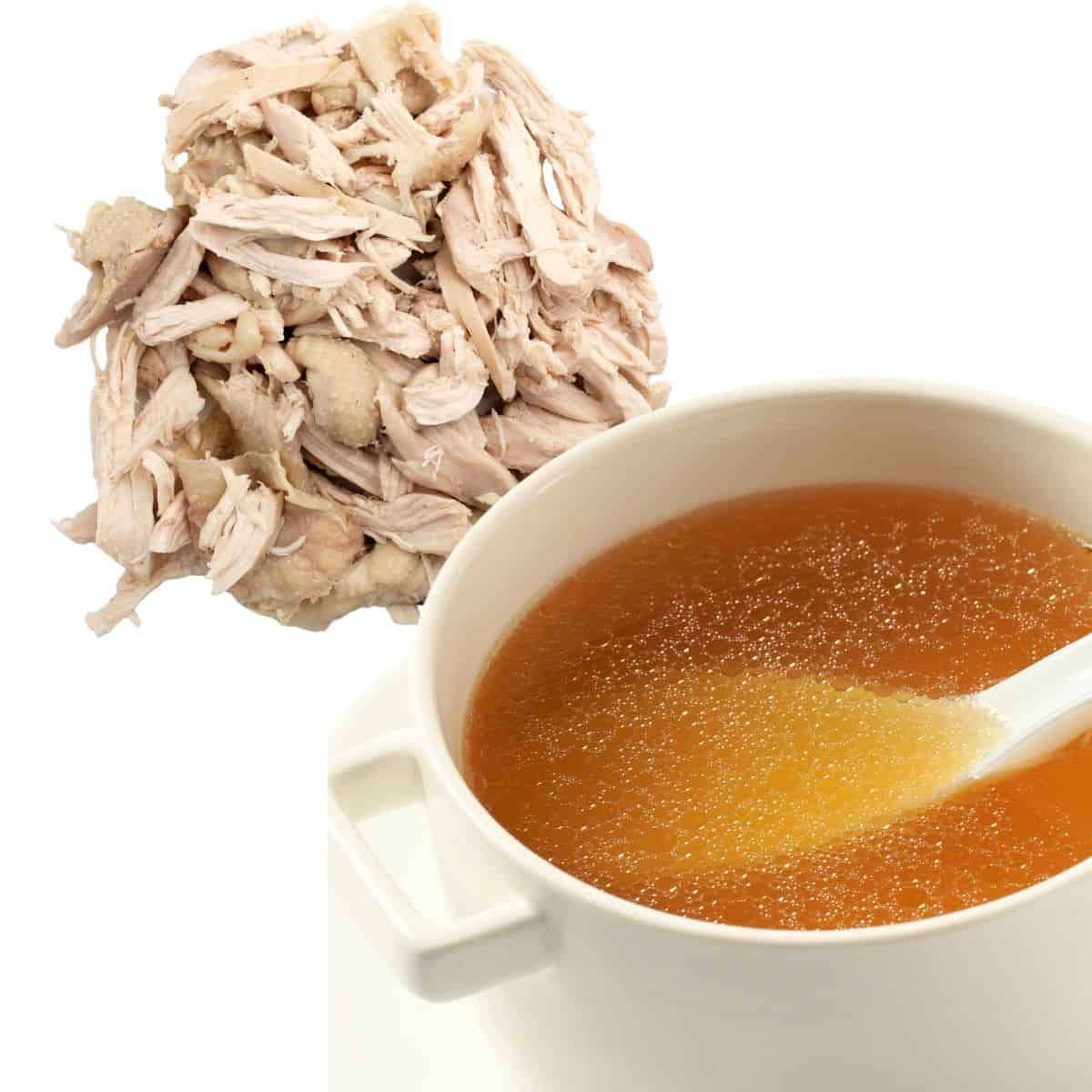 Cooked chicken and chicken broth.