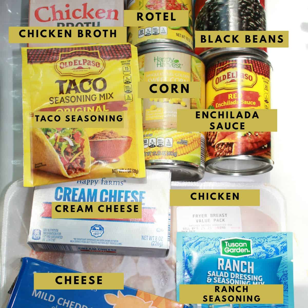Ingredients needed for making chicken enchilada soup with text overlay.