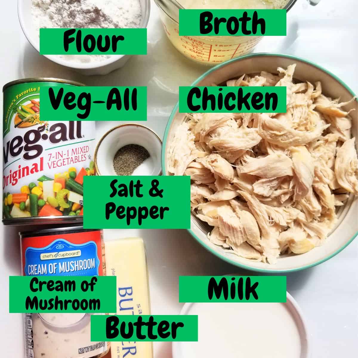 Ingredients needed for a homemade pot pie with text overlay.